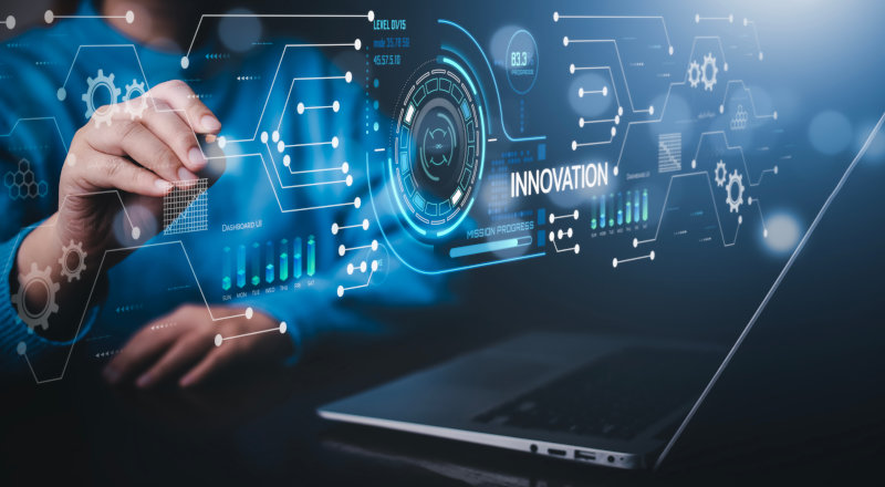 Innovation with Graphical User Interface and big data Concept, businessman using a laptop with touch Innovative ideas presented by management consultants on-screen, design, invention development